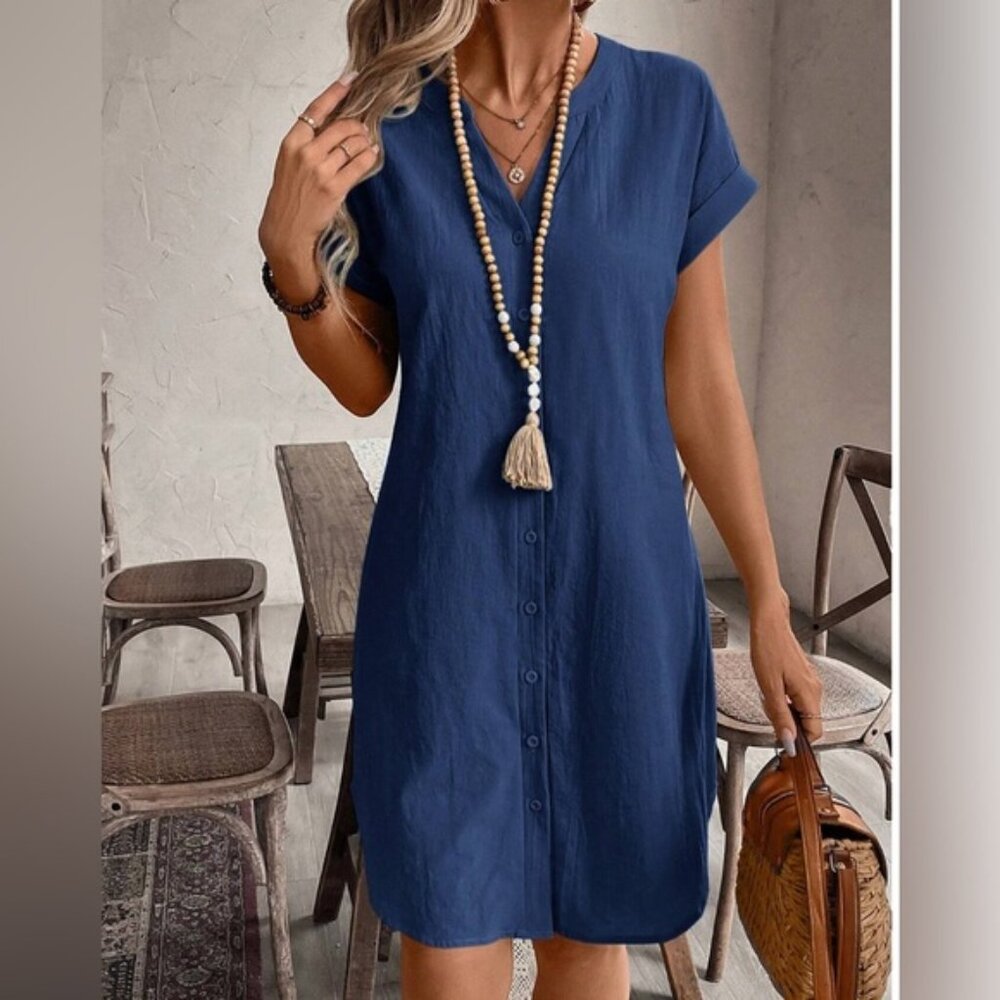 Cotton V Neck Short Sleeve Button Shirt Dress Blue